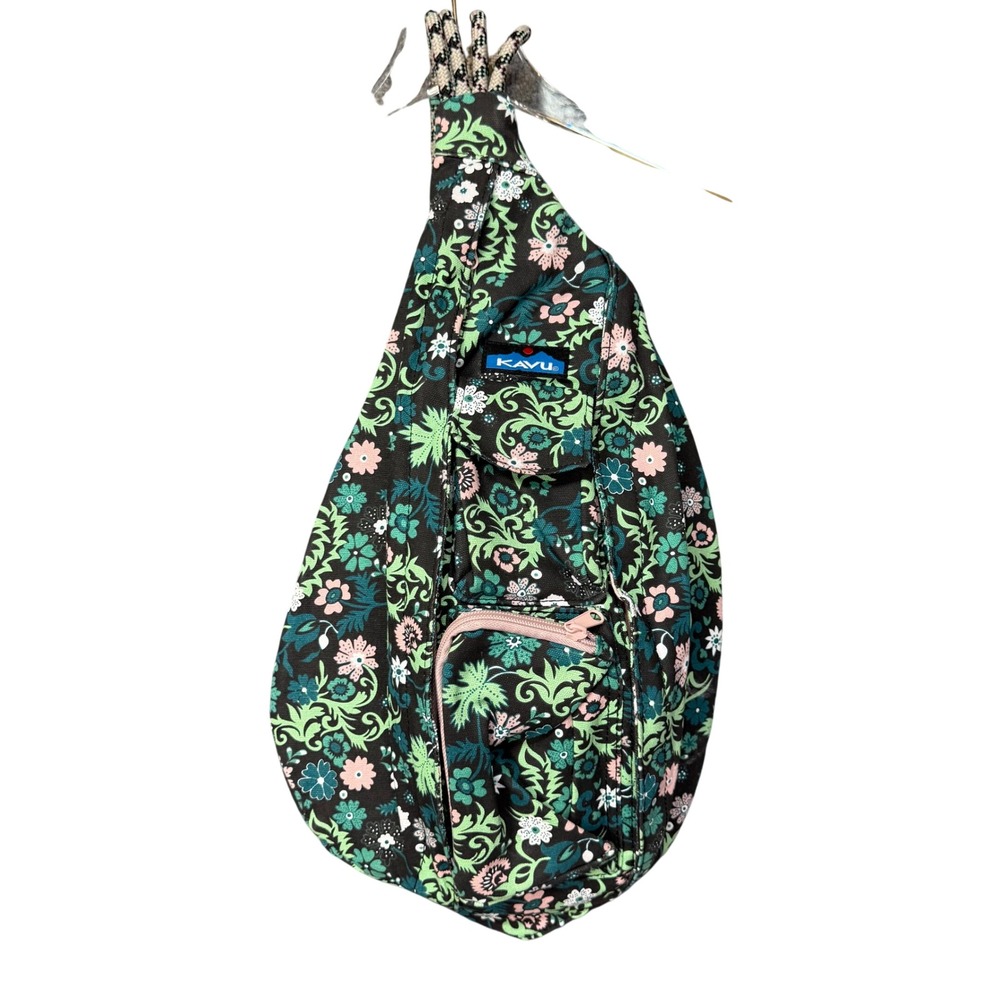 KAVU Rope Bag Women Green Floral Canvas Sling Crossbody Hike Backpack Gorpcore